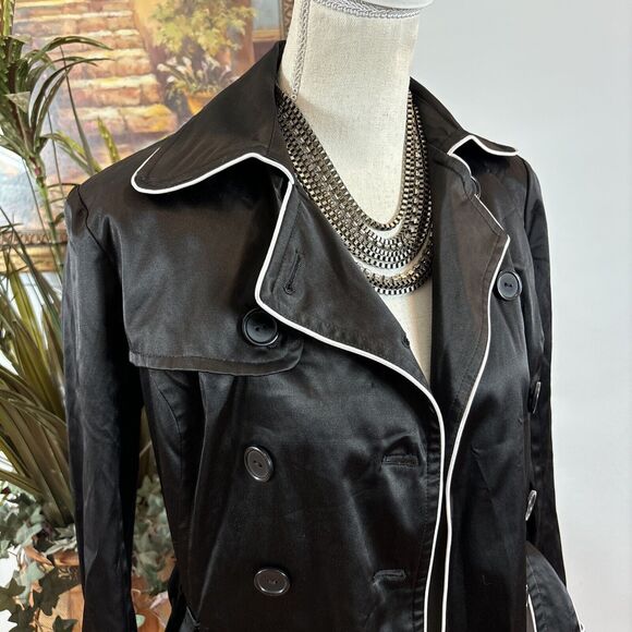 iz Byer California Black Trench Jacket S Padded Shoulder Pockets Button Front - Picture 8 of 14